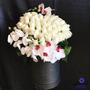 باکس گل حنا (ترکیب زیبای گل رز سفید و ارکیده)