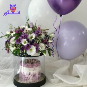 باکس گل و کیک تولد همراه با بادکنک (تم بنفش و سفید)