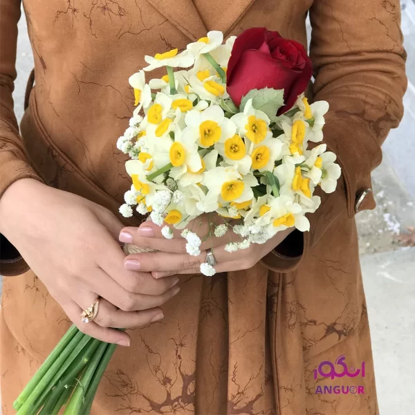 دسته گل نرگس با رز قرمز و عروس با قیمت مناسب