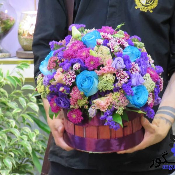 باکس گل با تم آبی و بنفش - سفارش باکس گل - خرید آنلاین گل