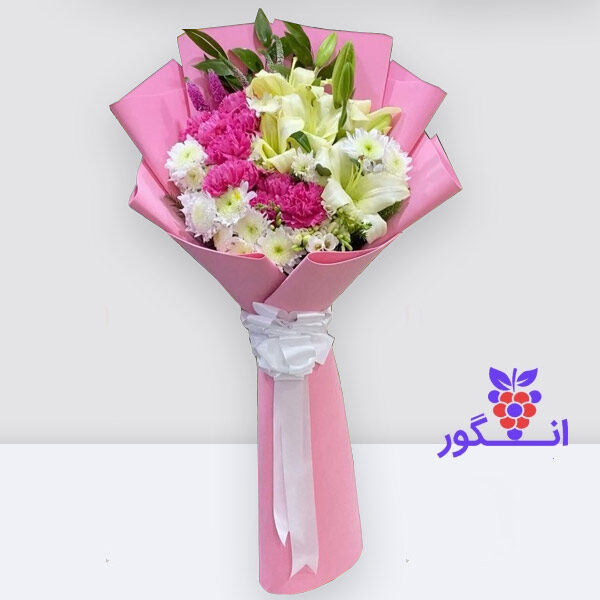 دسته گل زیبا با گلهای داوودی سفید و لیلیوم - خرید دسته گل - سفارش آنلاین گل