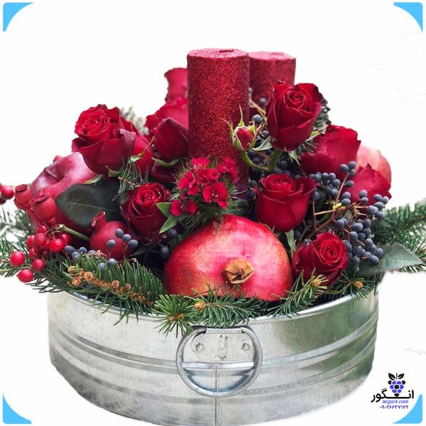 باکس فلزی یلدا (ترکیب میوه و گل ) با انار و رز سرخ - سفارش باکس یلدایی - گل فروشی آنلاین
