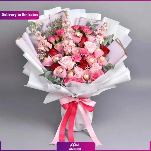 دسته گل با تم صورتی و شکلات برای ارسال به امارات