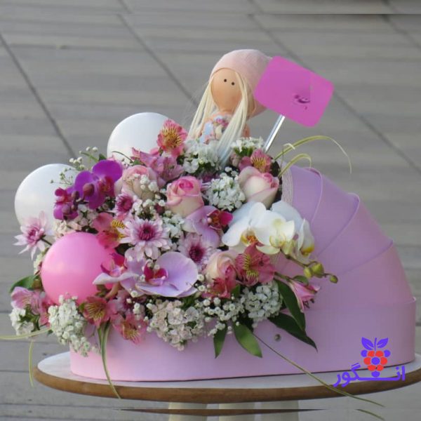 سفارش باکس گل نوزاد همراه با مینی بادکنک و عروسک