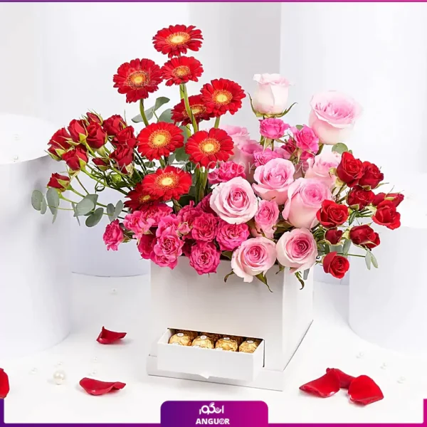 خرید آنلاین باکس گل - سفارش باکس گل ولنتاین - باکس گ به همراه ژربرا