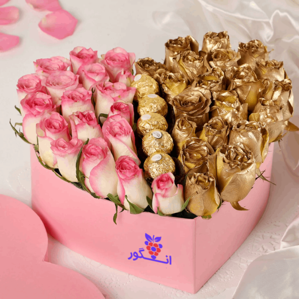 باکس گل رز صورتی و طلایی همراه با شکلات