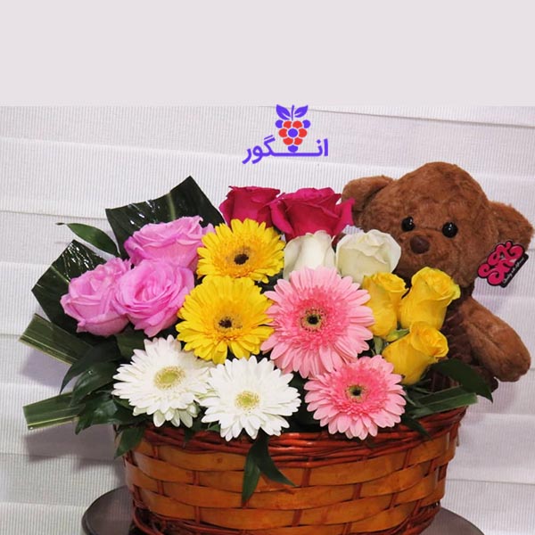 سبد گل تولد ژربرا با گل رز و عروسک خرید گل تولد- گلفروشی آنلاین