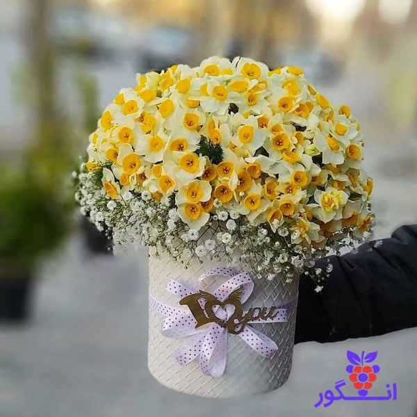 باکس گل نرگس 80 شاخه با عروس - خرید گل نرگس - گل فروشی آنلاین