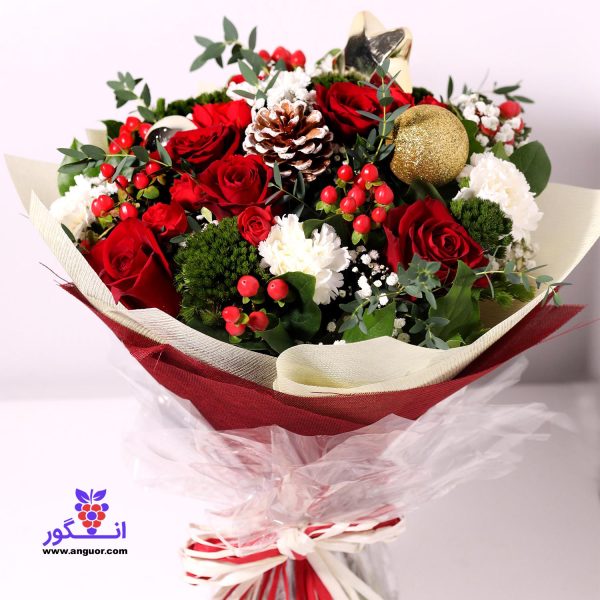 دسته گل کریسمس همراه با گل رز - خرید گل کریسمس و جشن سال نو میلادی - گل فروشی آنلاین