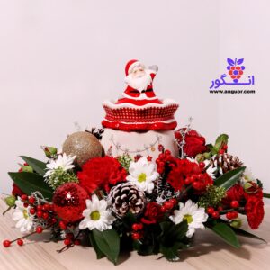 رومیزی کریسمس با گل رز و بابانوئل - خرید گل کریسمس و سال نو میلادی - گل فروشی آنلاین