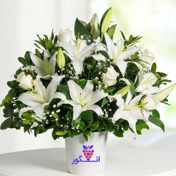 باکس گل ترحیم با گلهای رز و لیلیوم سفید - خرید گل ترحیم - گل فروشی آنلاین