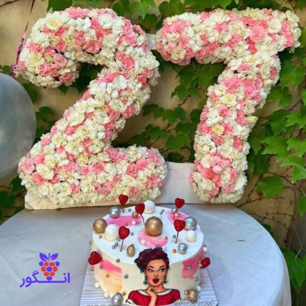 گل 27 سالگی همراه با کیک - خرید گل تولد دخترانه - گل فروشی آنلاین