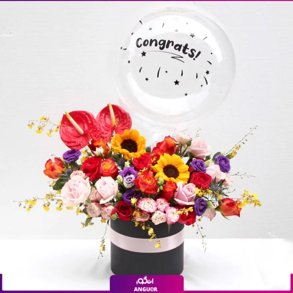باکس گل تولد- گلفروشی آنلاین انگور- باکس گل و بادکنک