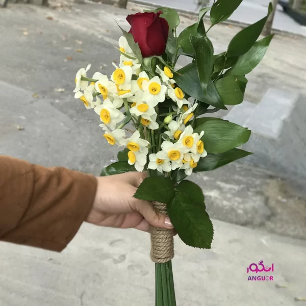 دسته گل نرگس با تک شاخه گل رز قرمز