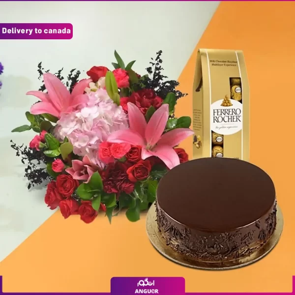 دسته گل + کیک تولد + شکلات (ارسال گل به کانادا )
