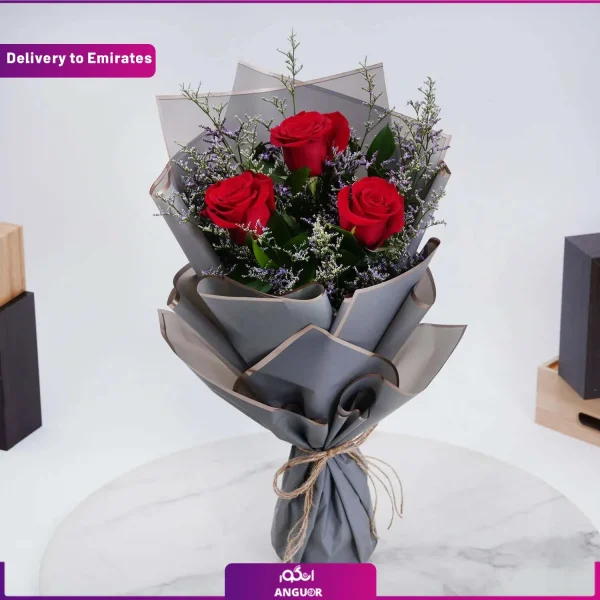 دسته گل 3 شاخه رز قرمز