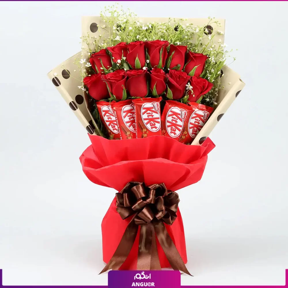 دسته گل رز قرمز با شکلات کیت کت | Kit Kat Chocolate - Image 2