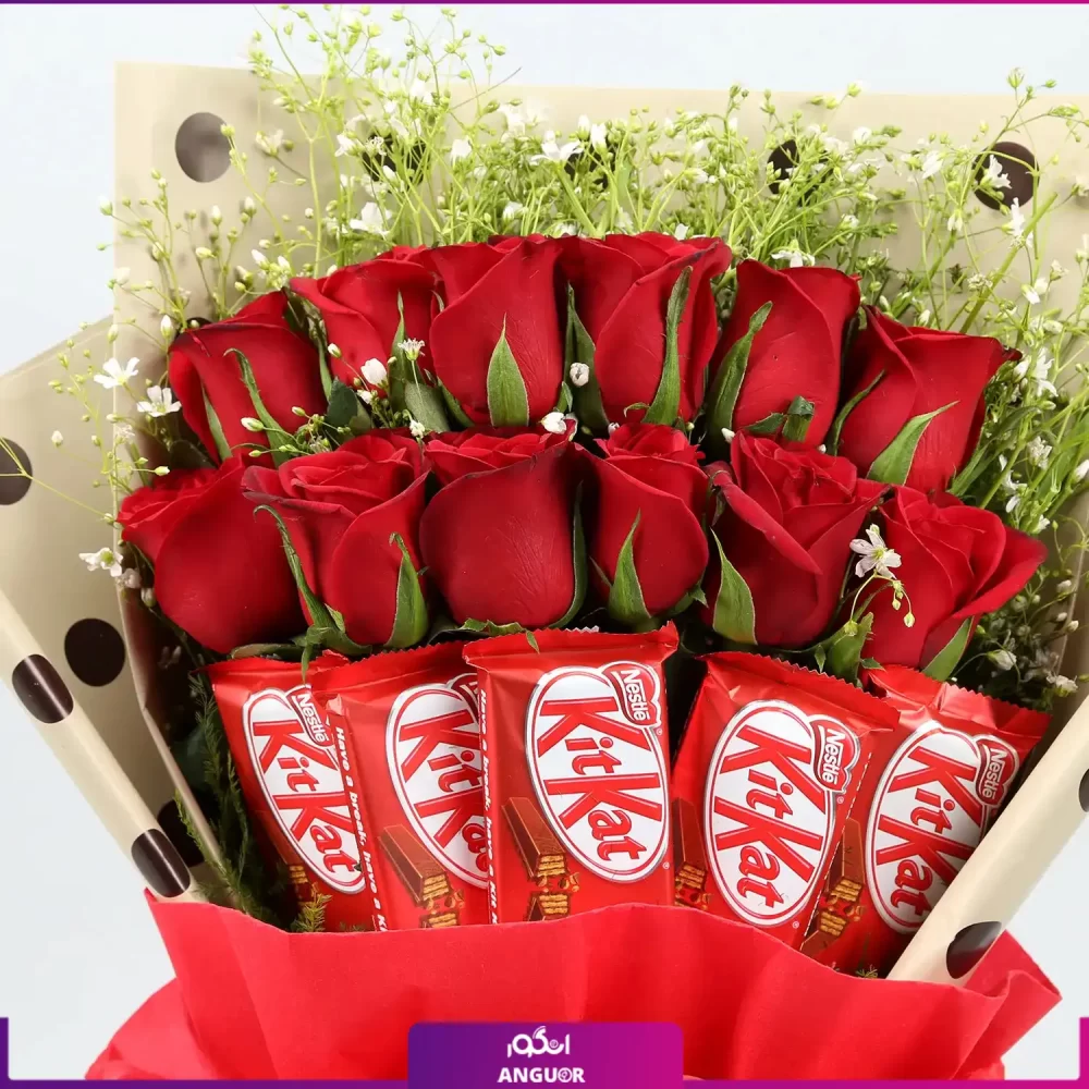 دسته گل رز قرمز با شکلات کیت کت | Kit Kat Chocolate - Image 3