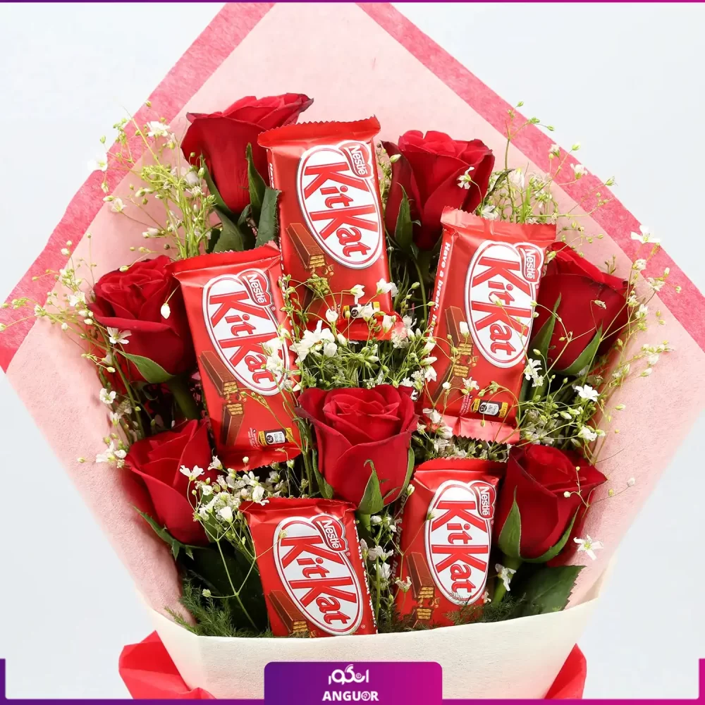 دسته گل رز قرمز با شکلات کیت کت | Kit Kat Chocolate - Image 3