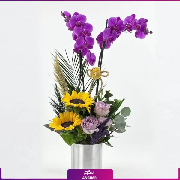 گلدان ارکیده بنفش دو شاخه با تزئینات (1)
