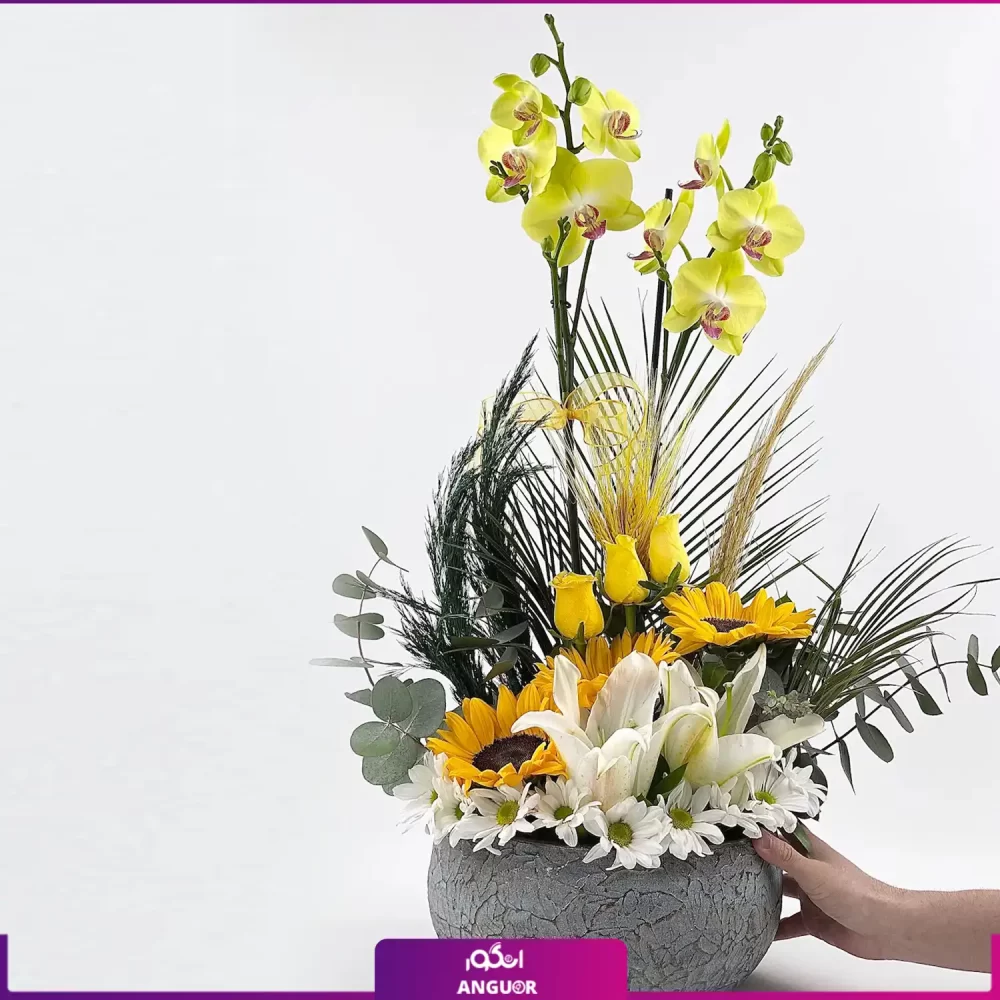 گلدان ارکیده زرد دو شاخه با تزئینات - Image 2