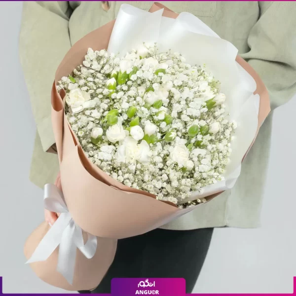 دسته گل میخک سفید مینیاتوری به همراه گل عروس - خرید آنلاین گل - انگور