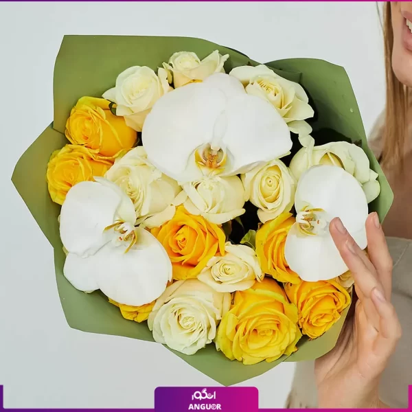 دسته گل رز ترکیبی زرد و سفید با ارکیده های سفید زیبا - خرید دسته گل - انگور