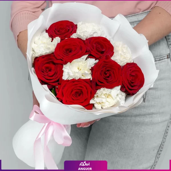 دسته گل میخک سفید و رز قرمز - خرید آنلاین گل - انگور