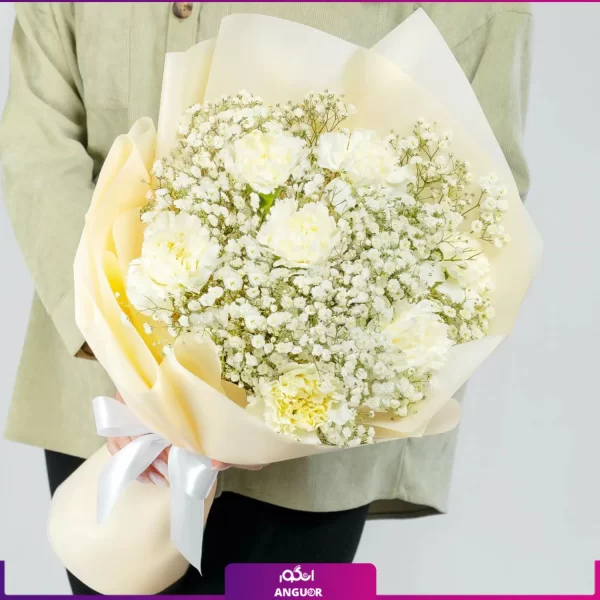 خرید دسته گل میخک سفید با ژیپسوفیلا - خرید آنلاین گل - انگور