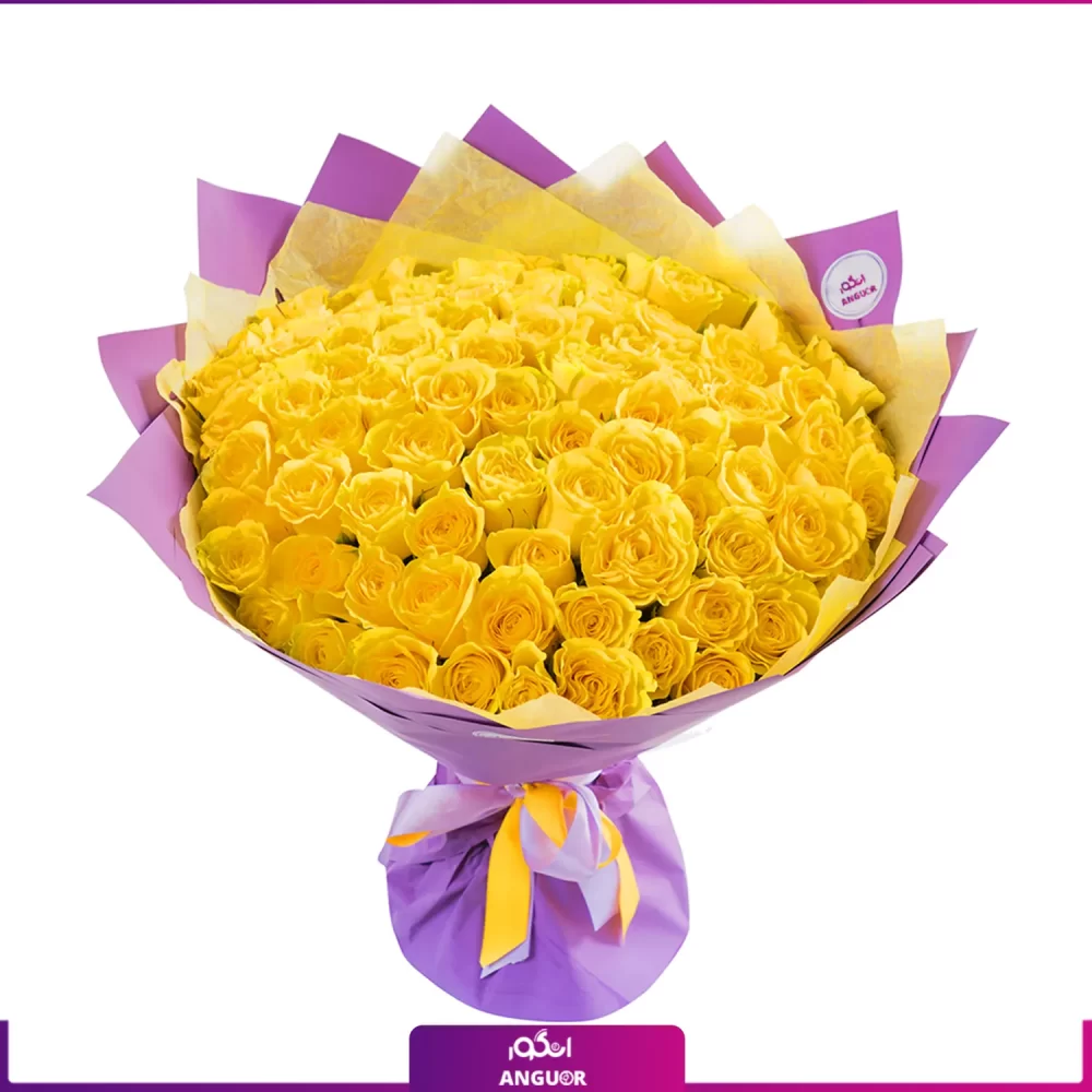 دسته گل رز زرد 101 شاخه 40 سانتی با کاغذ صورتی - خرید گل رز زرد - انگور