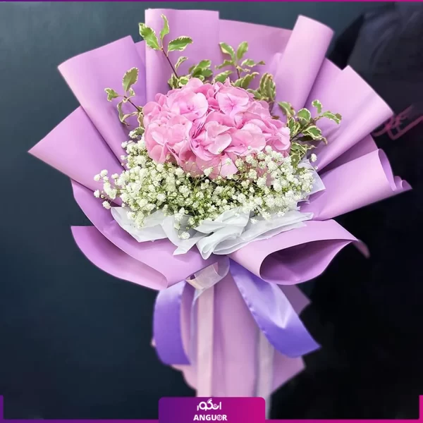 گل ادریسی (هورتانسیا) صورتی به همراه گلهای عروس - خرید دسته گل ادریسی - انگور