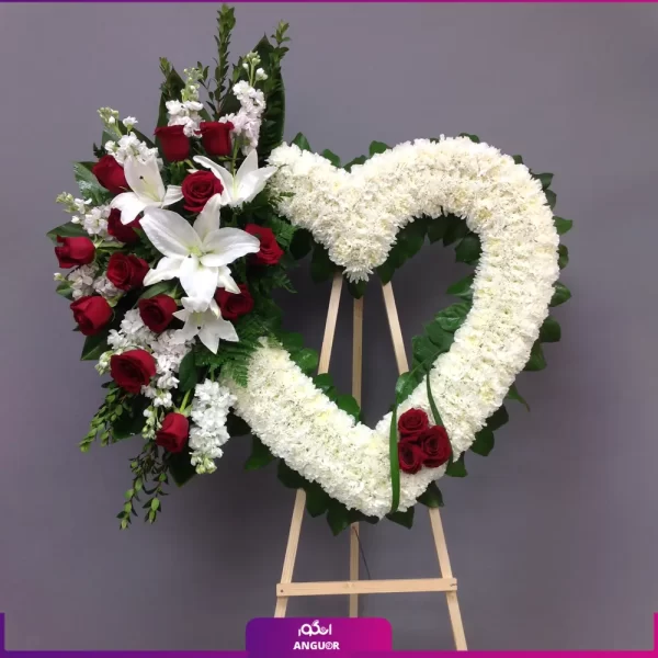 خرید تاج گل تبریک - سفارش تاج گل داوودی - لیلیوم سفید - رز قرمز-انگور
