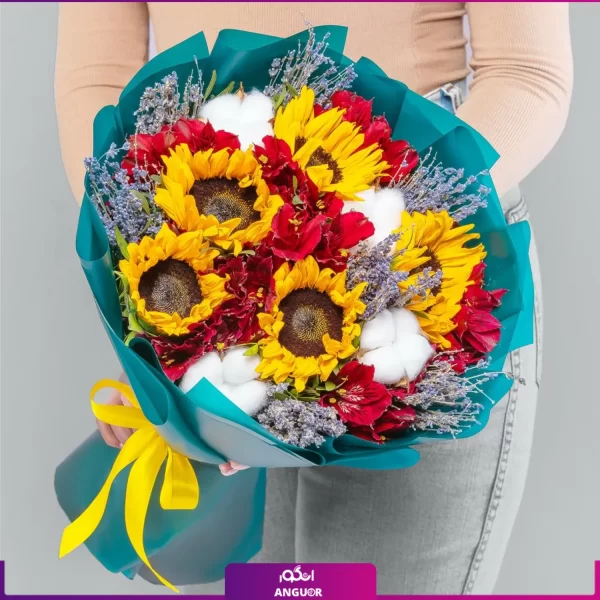 دسته گل ترکیبی آلستر و آفتابگردان و گل پنبه - خرید دسته گل
