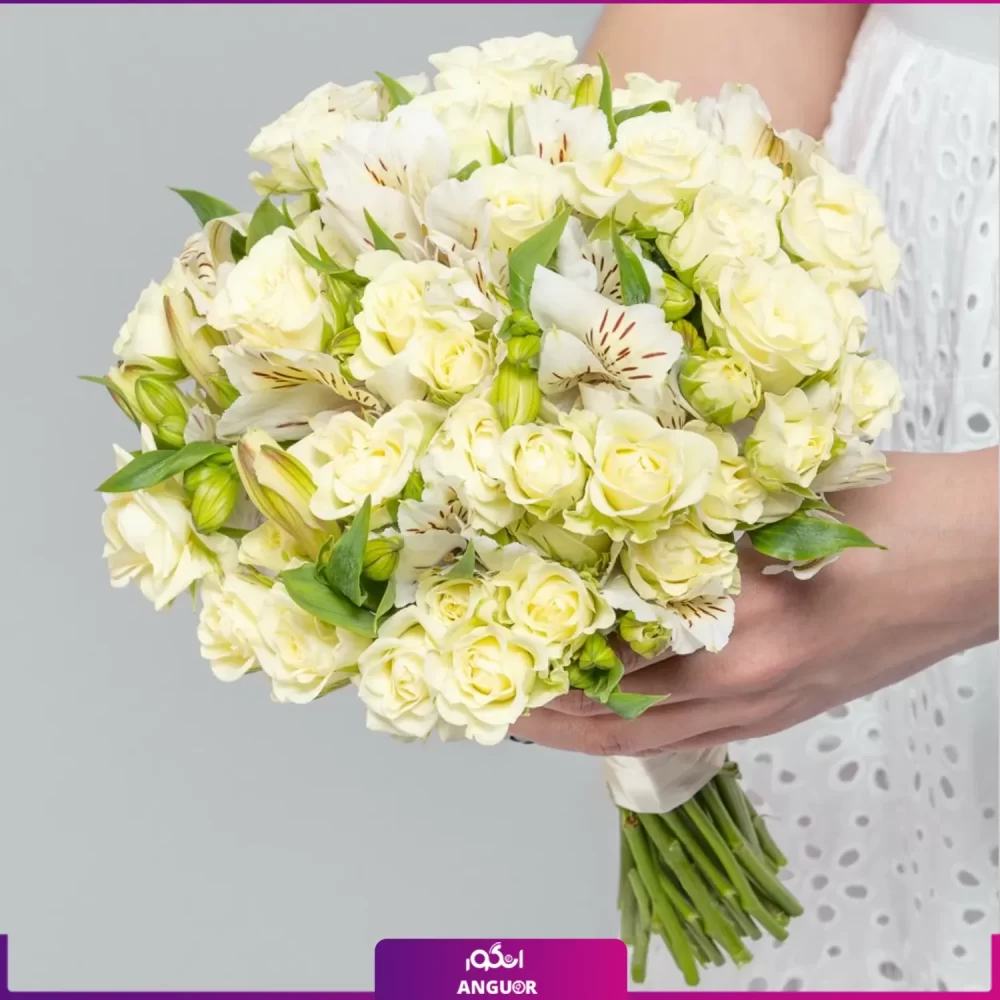 خرید دسته گل رز و آلسترومریا سفید - سفارش دسته گل - گلفروشی آنلاین انگور