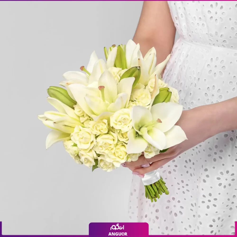 خرید آنلاین گل- دسته گل رز مینیاتوری و لیلیوم-انگور