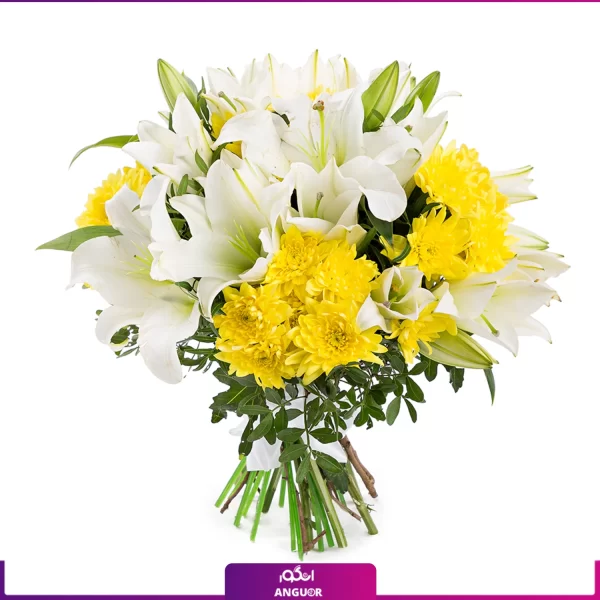 دسته گل لیلیوم سفید و داوودی زرد- خرید آنلاین گل - انگور