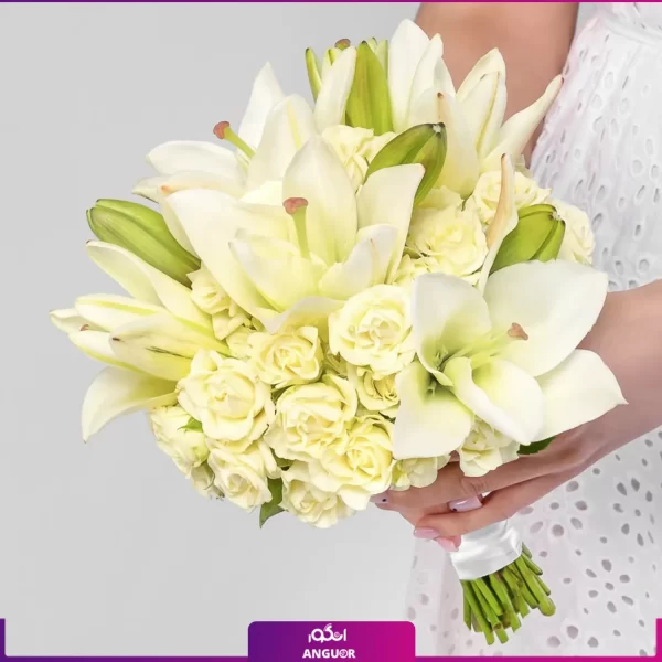 سفارش دسته گل فرمالیته عروس- خرید آنلاین گل- گل رز مینیاتوری و لیلیوم-انگور