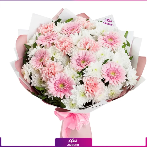 سفارش دسته گل ژربرا صورتی و داوودی سفید - خرید آنلاین گل