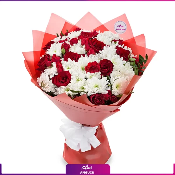خرید آنلاین گل - خرید گل داوودی سفید و رز قرمز- خرید دسته گل رز مینیاتوری- انگور