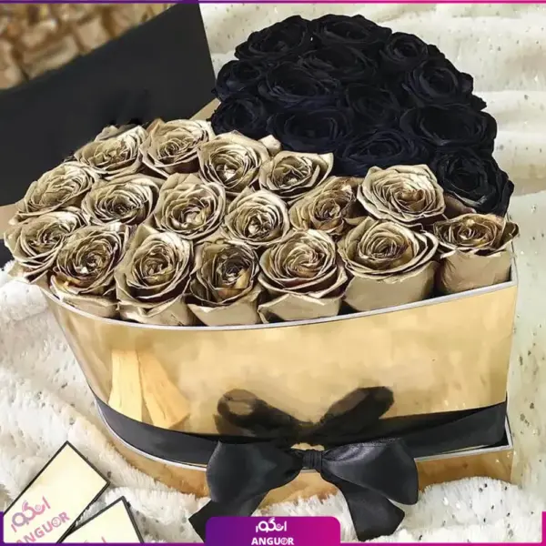 خرید و سفارش باکس گل قلب شکل - باغکس گل به همراه 17 شاخه رز طلایی- سفارش باکس گل به همراه 13 شاخه گل رز مشکی-انگور