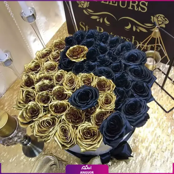 سفارش آنلاین باکس طرح دار - خرید باکس گل با رز مشکی - سفارش باکس گل به همراه رز طلایی-انگور