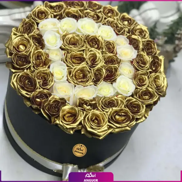 خرید و سفارش باکس گل حروف- باکس حروف با گل رز سفید - باکس گل به همراه گل رز طلایی - انگور