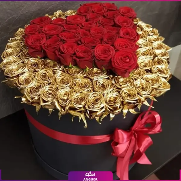 خرید باکس گل با قلب قرمز - باکس گل قلب77 شاخه ای - سفارش آنلاین باکس گل رز طلایی-انگور