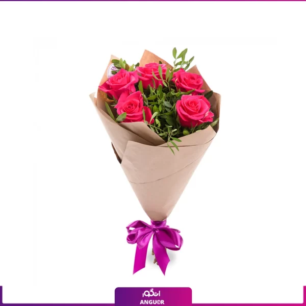 خرید دسته گل رز صورتی - سفارش دسته گل کوچک- خرید دسته گل رز صورتی 5 شاخه-انگور