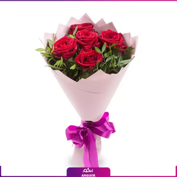 سفارش آنلاین دسته گل - خرید دسته گل رز قرمز 5 شاخه -خرید دسته گل رز قرمز کوچک-انگور