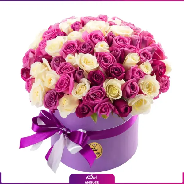 خرید آنلاین باکس گل - سفارش باکس گل با رز سفید - خرید باکس گل رز با رز صورتی-انگور