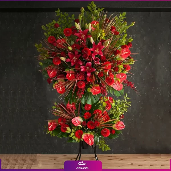 خرید و سفارش انواع تاچ گل - تاج گل با تم قرمز - سفارش آنلاین تاج گل به همراه لیلیوم قرمز - خرید تاج گل با آنتوریوم قرمز- تاج گل تبریک به همراه میخک قرمز - انگور