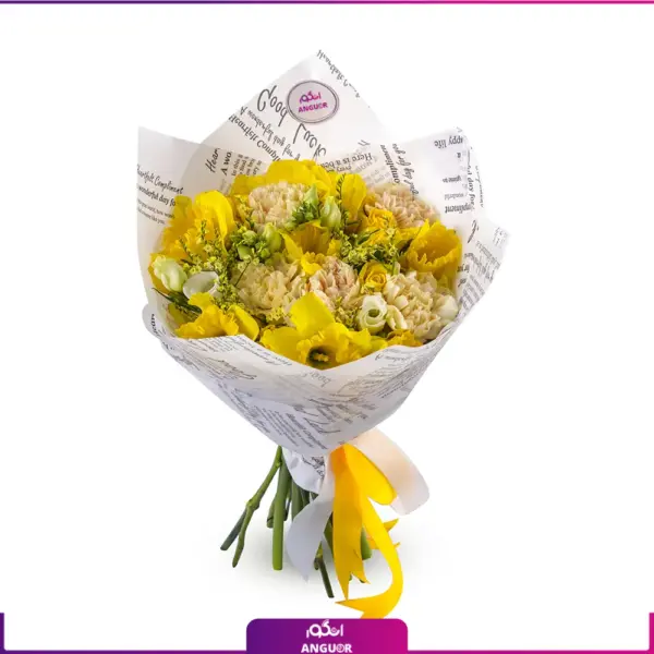 خرید دسته گل ترکیبی - سفارش دسته گل نرگس زرد به همراه گل میخک - دسته گل نرگس به همراه لیسیانتوس سفید-انگور