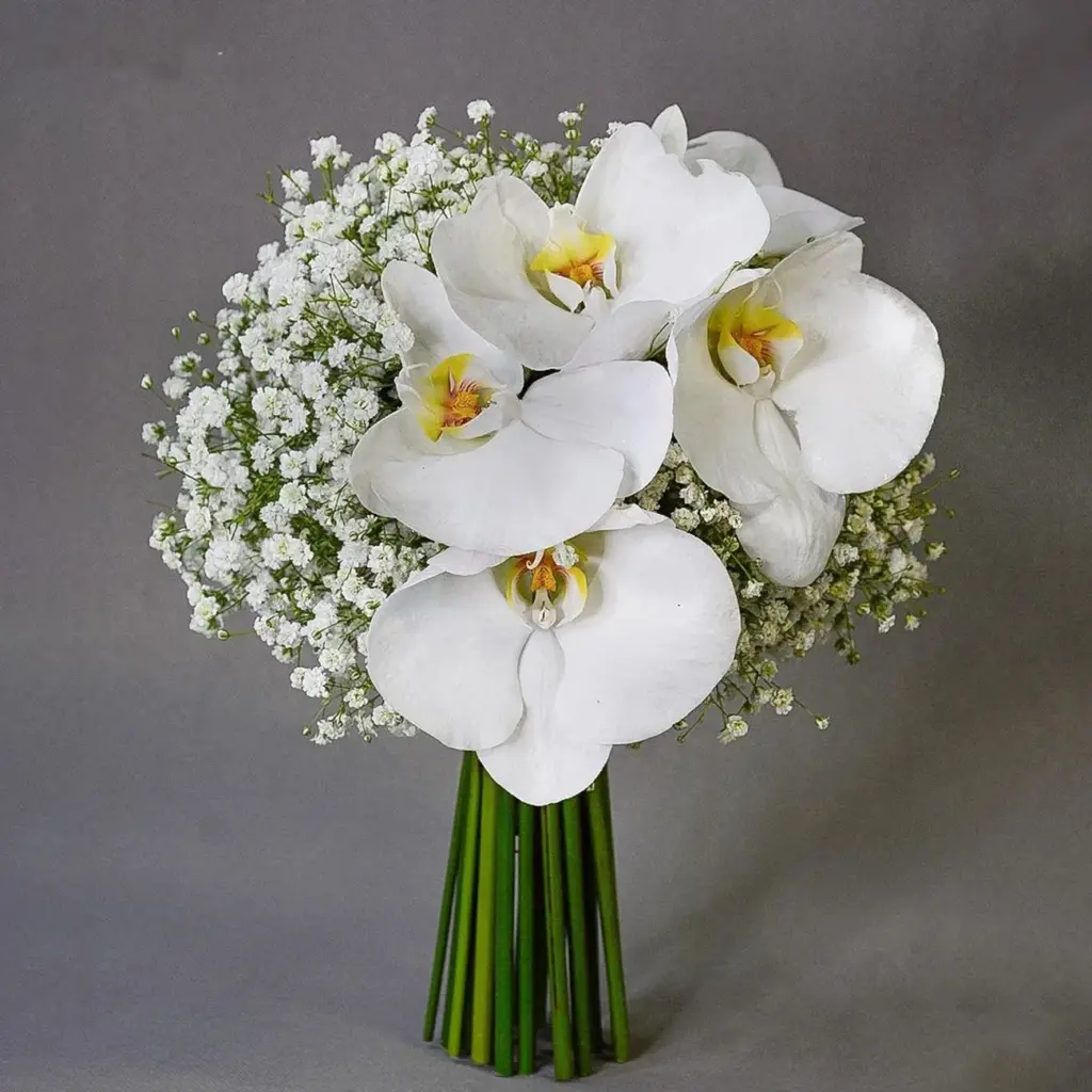 دسته گل عروس با ژیپسوفیلا و ارکیده یکطرفه