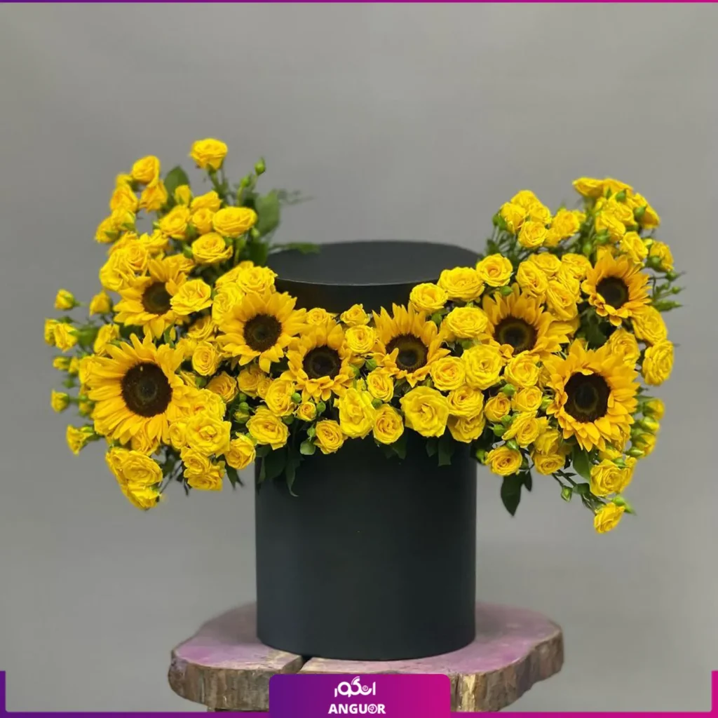 باکس گل تم زرد- رز مینیاتوری زرد و آفتابگردان- خرید آنلاین گل